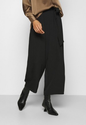 Anna Field Brede Cropped Leg Trousers With Belt Trousers Broek Dames Zwart | 1398-PLRDG