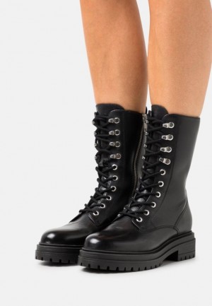 Anna Field Leren Kanten Up Ankle Boots Enkellaarzen Dames Zwart | 1837-OGETB